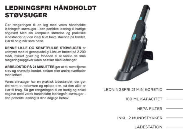 LEDNINGSFRI HÅNDHOLDT STØVSUGER - Image 2