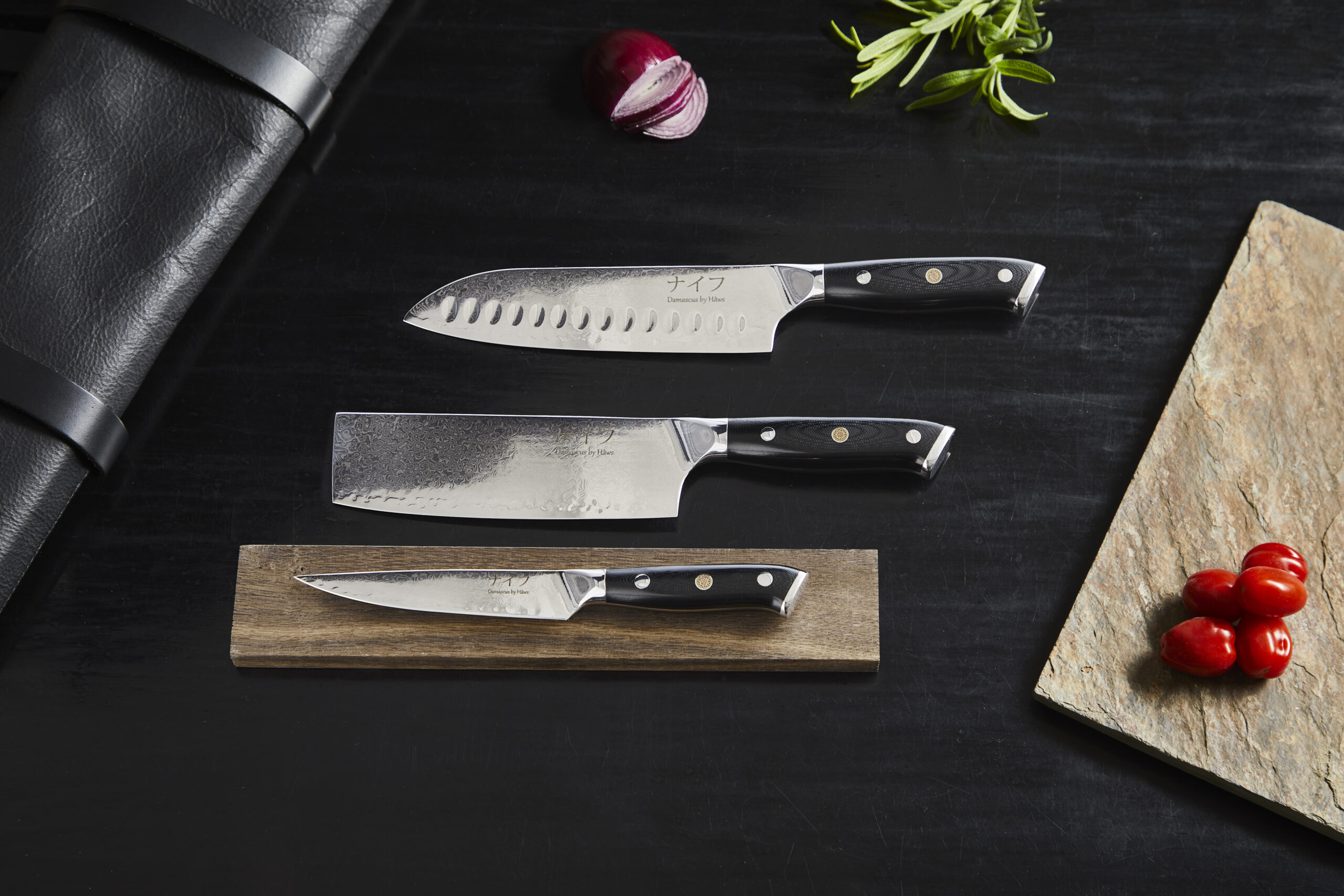 Damascus knivsæt Hâws santoku utility grøntsagskniv
