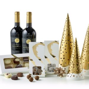 Kähler Nobili juletræer med vin og chokolade gavepakke