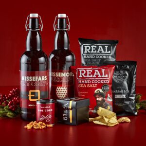 ølpose gavepakke med specialøl og snacks i stofpose