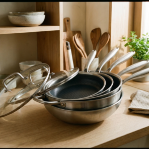 byGaard Hexa-pandesæt med tre stegepander, sautépande og wok